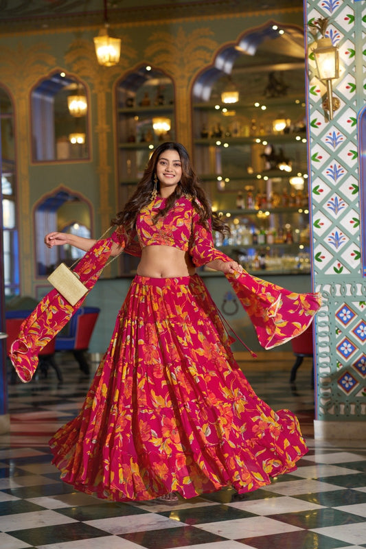Pink Marble Lehenga Choli With Floral Print