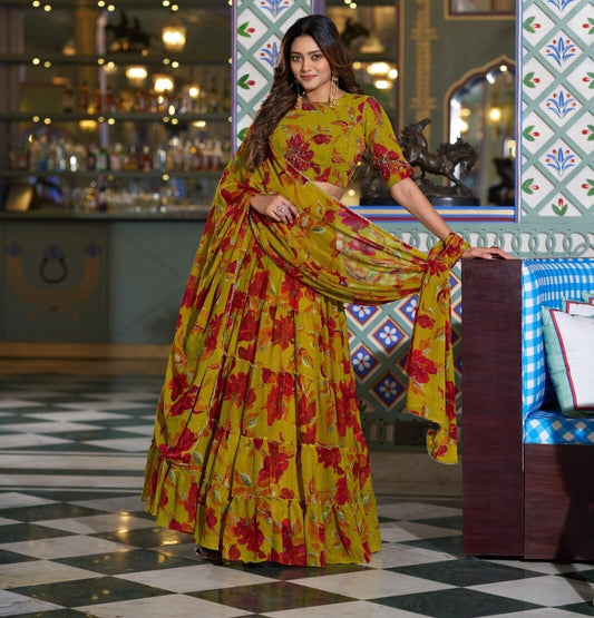 Olive Yellow Marble Lehenga Choli With Floral Print