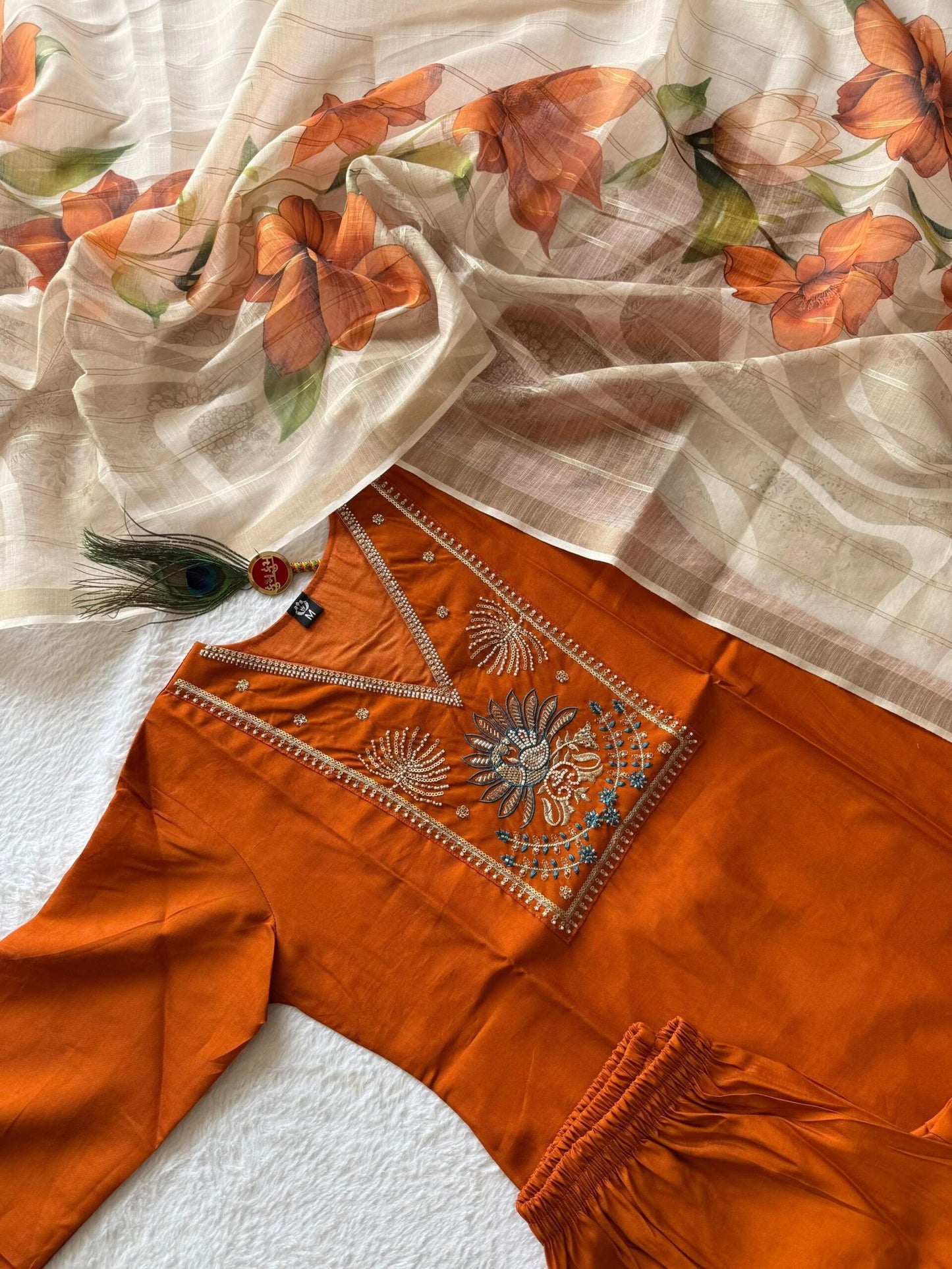 Rust Orange Roman Silk Kurti Suit Set With Beads Work