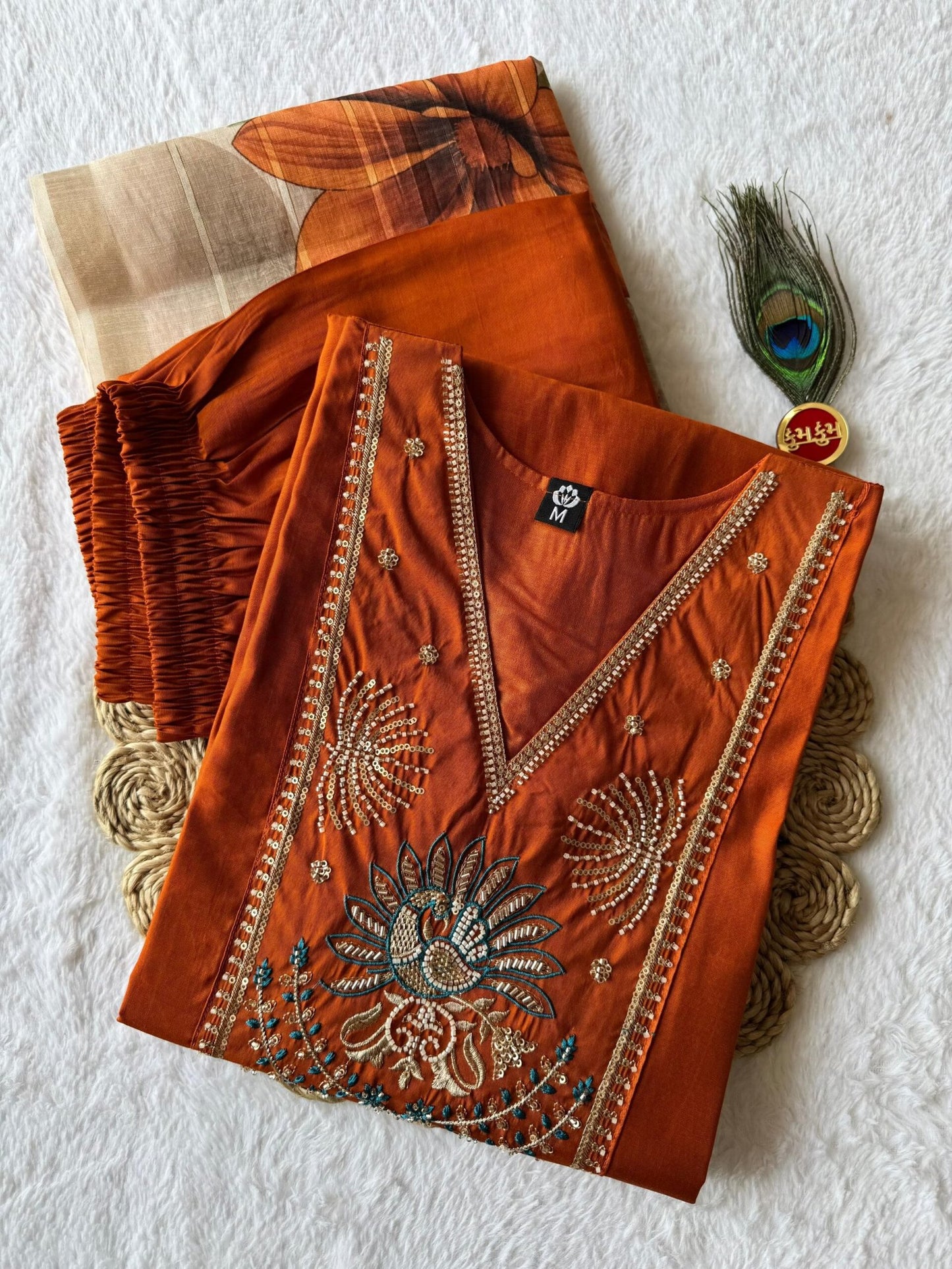 Rust Orange Roman Silk Kurti Suit Set With Beads Work
