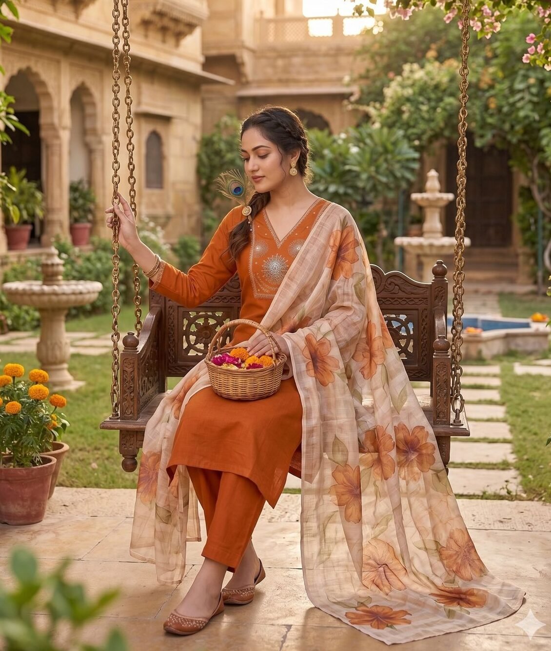 Rust Orange Roman Silk Kurti Suit Set With Beads Work