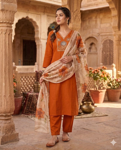 Rust Orange Roman Silk Kurti Suit Set With Beads Work
