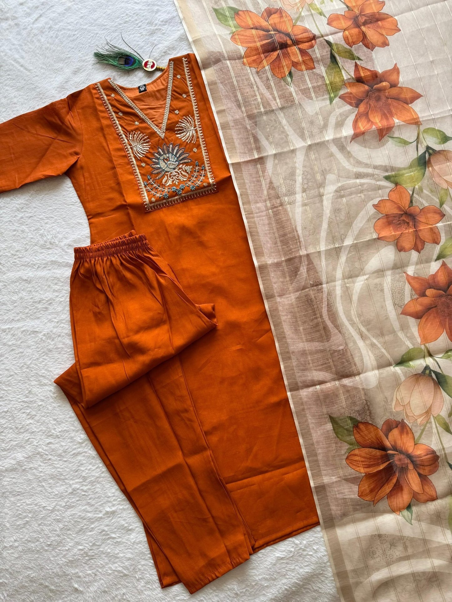 Rust Orange Roman Silk Kurti Suit Set With Beads Work
