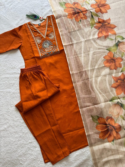 Rust Orange Roman Silk Kurti Suit Set With Beads Work