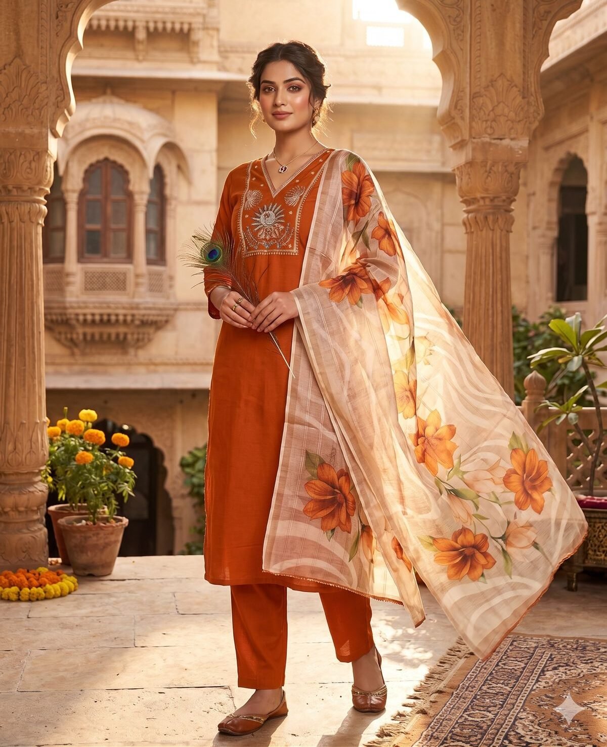 Rust Orange Roman Silk Kurti Suit Set With Beads Work