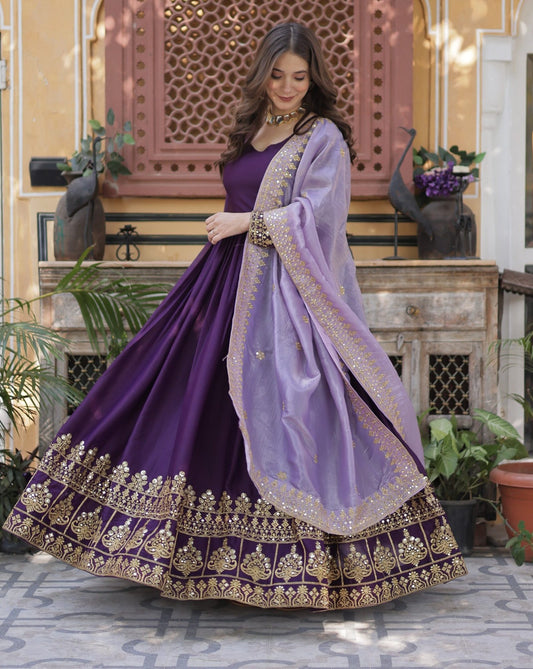 Purple Georgette Anarkali Set With Embroidery Zari Sequins Work