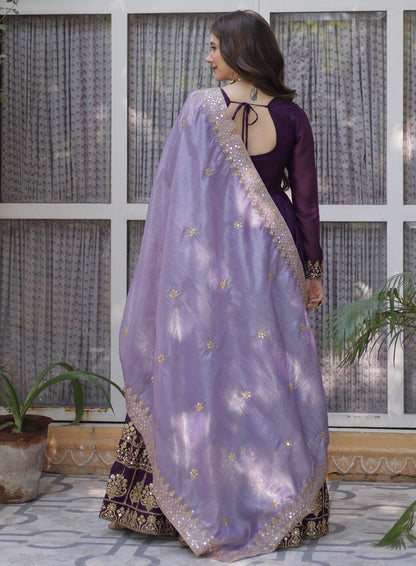 Purple Georgette Anarkali Set With Embroidery Zari Sequins Work