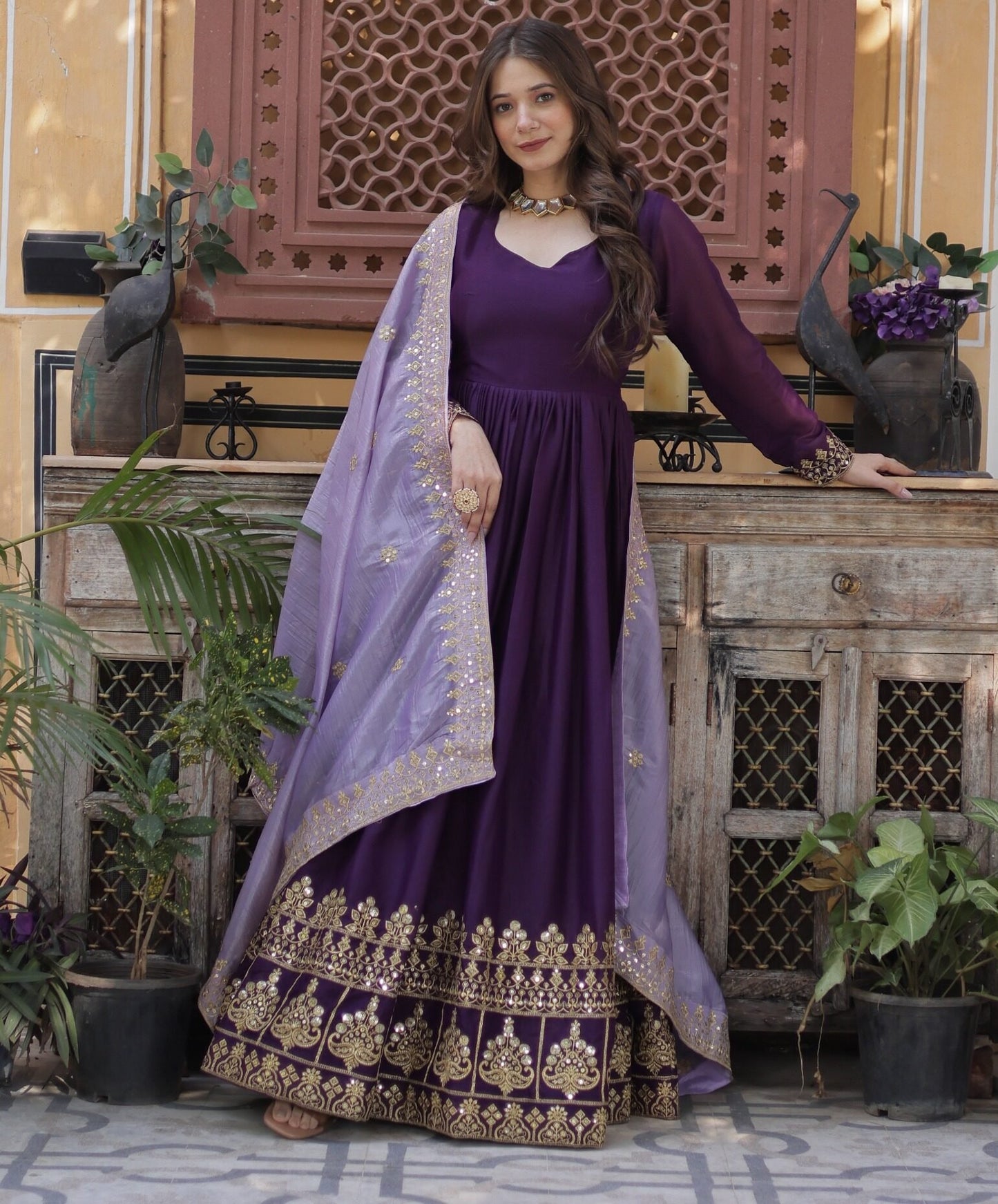 Purple Georgette Anarkali Set With Embroidery Zari Sequins Work