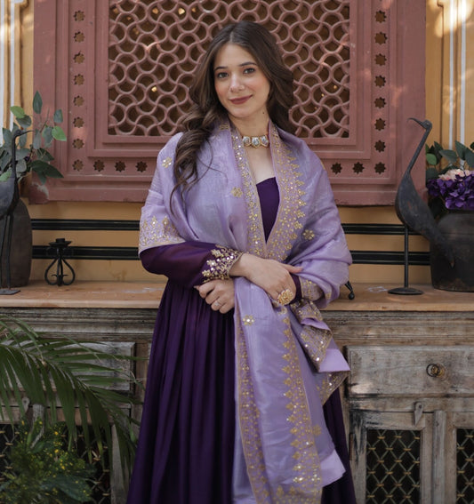 Purple Georgette Anarkali Set With Embroidery Zari Sequins Work