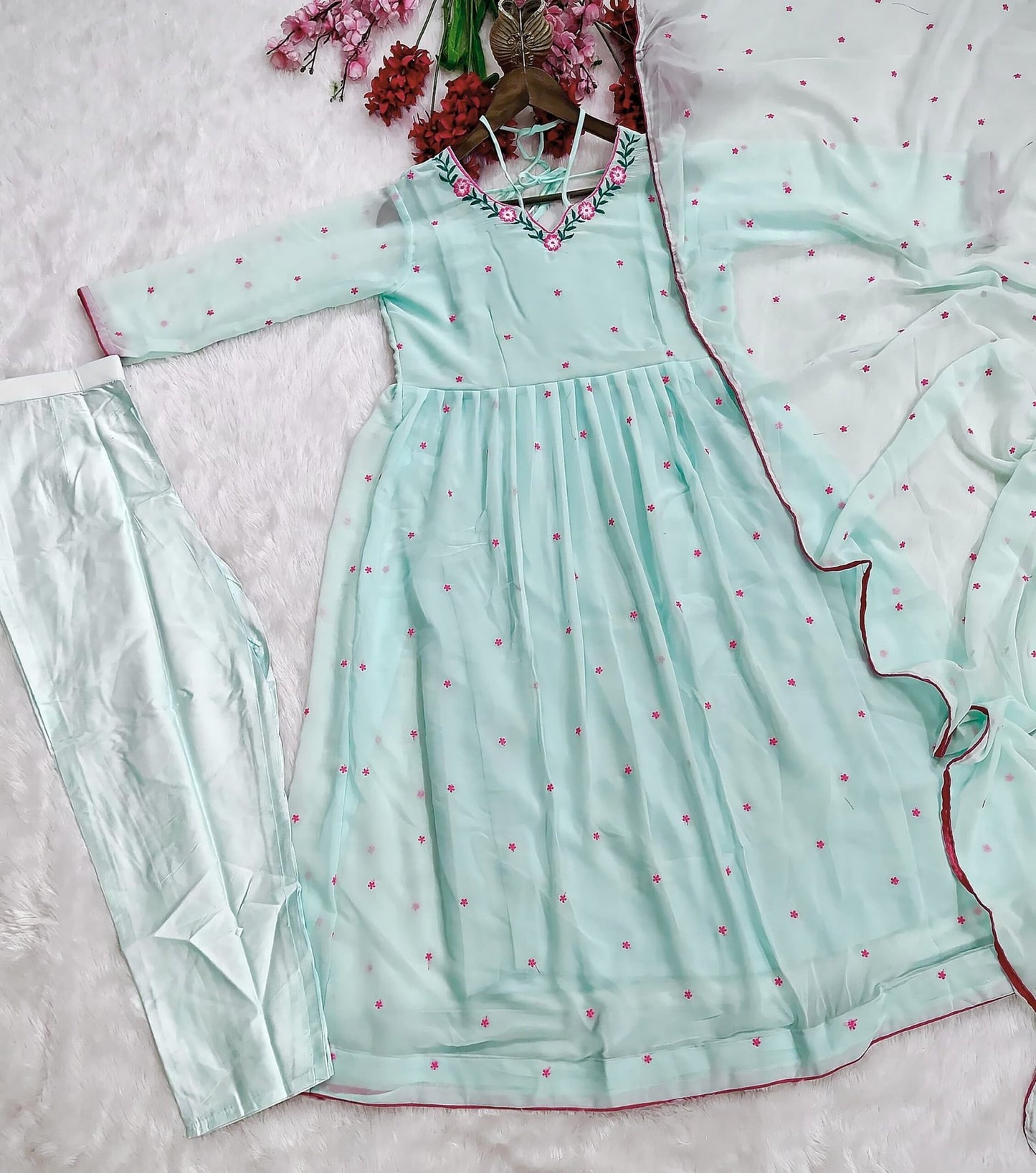 Classy Sky Blue Georgette Anarkali Set With Embroidery Work