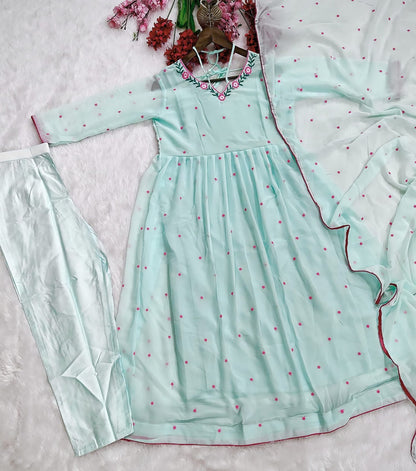 Classy Sky Blue Georgette Anarkali Set With Embroidery Work