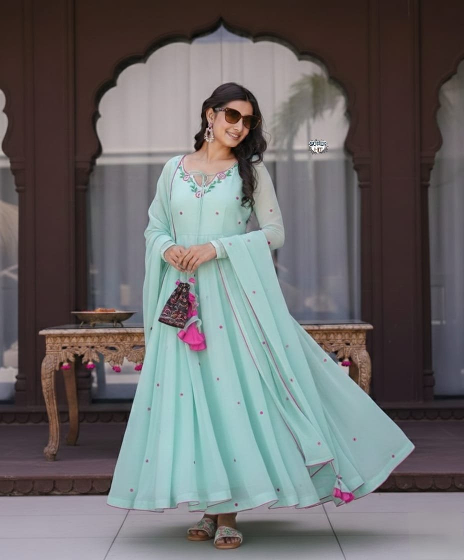 Classy Sky Blue Georgette Anarkali Set With Embroidery Work