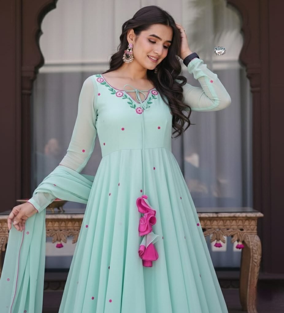 Classy Sky Blue Georgette Anarkali Set With Embroidery Work