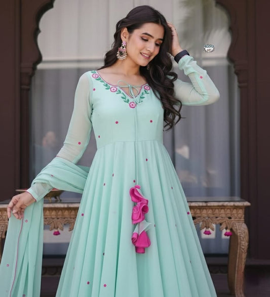 Classy Sky Blue Georgette Anarkali Set With Embroidery Work