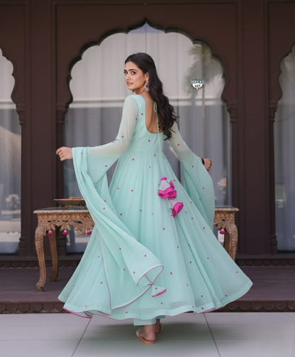 Classy Sky Blue Georgette Anarkali Set With Embroidery Work