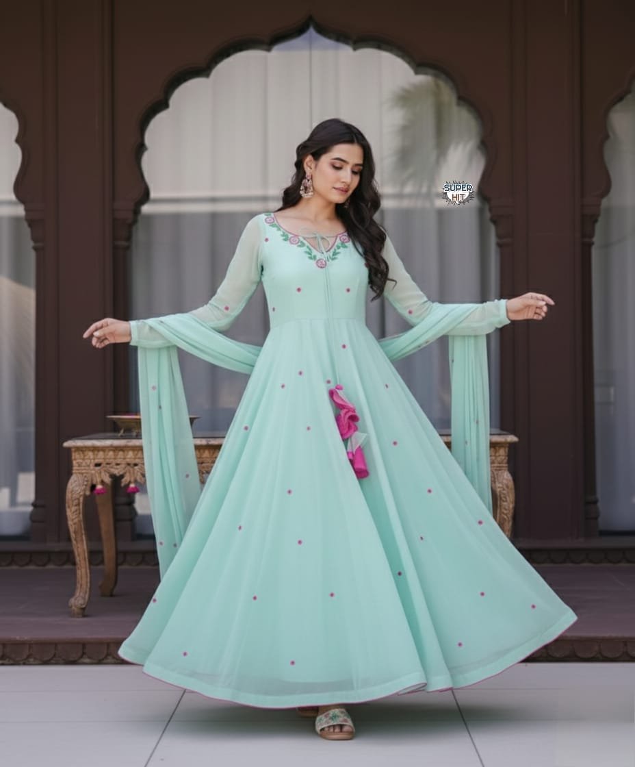 Classy Sky Blue Georgette Anarkali Set With Embroidery Work