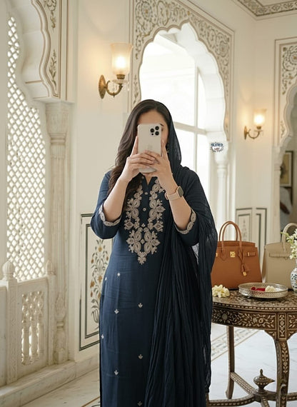 Black Rayon Slub Kurti Suit Set With Embroidery Work