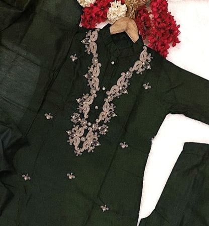 Dark Green Rayon Slub Kurti Suit Set With Embroidery Work