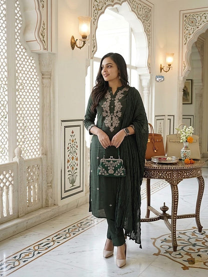 Dark Green Rayon Slub Kurti Suit Set With Embroidery Work