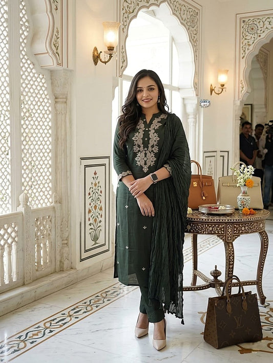 Dark Green Rayon Slub Kurti Suit Set With Embroidery Work