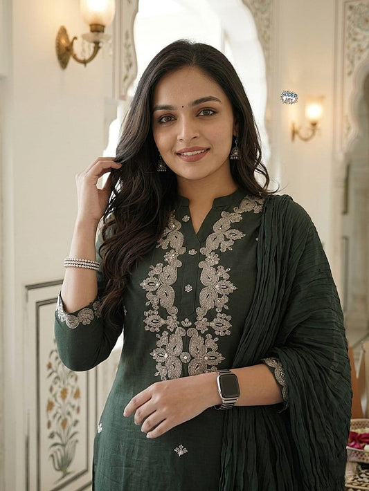 Dark Green Rayon Slub Kurti Suit Set With Embroidery Work