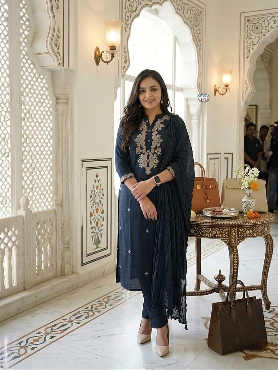 Black Rayon Slub Kurti Suit Set With Embroidery Work