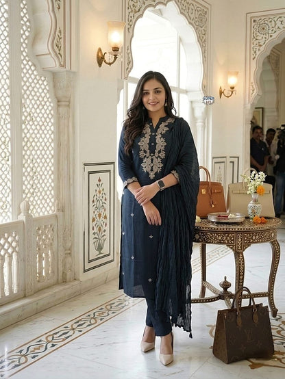 Black Rayon Slub Kurti Suit Set With Embroidery Work