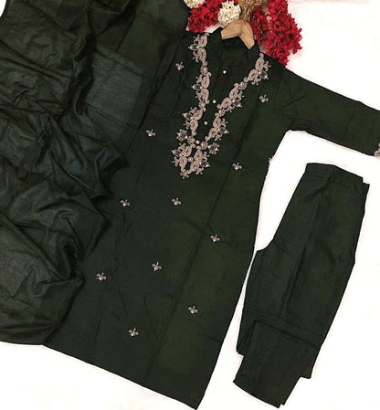 Dark Green Rayon Slub Kurti Suit Set With Embroidery Work