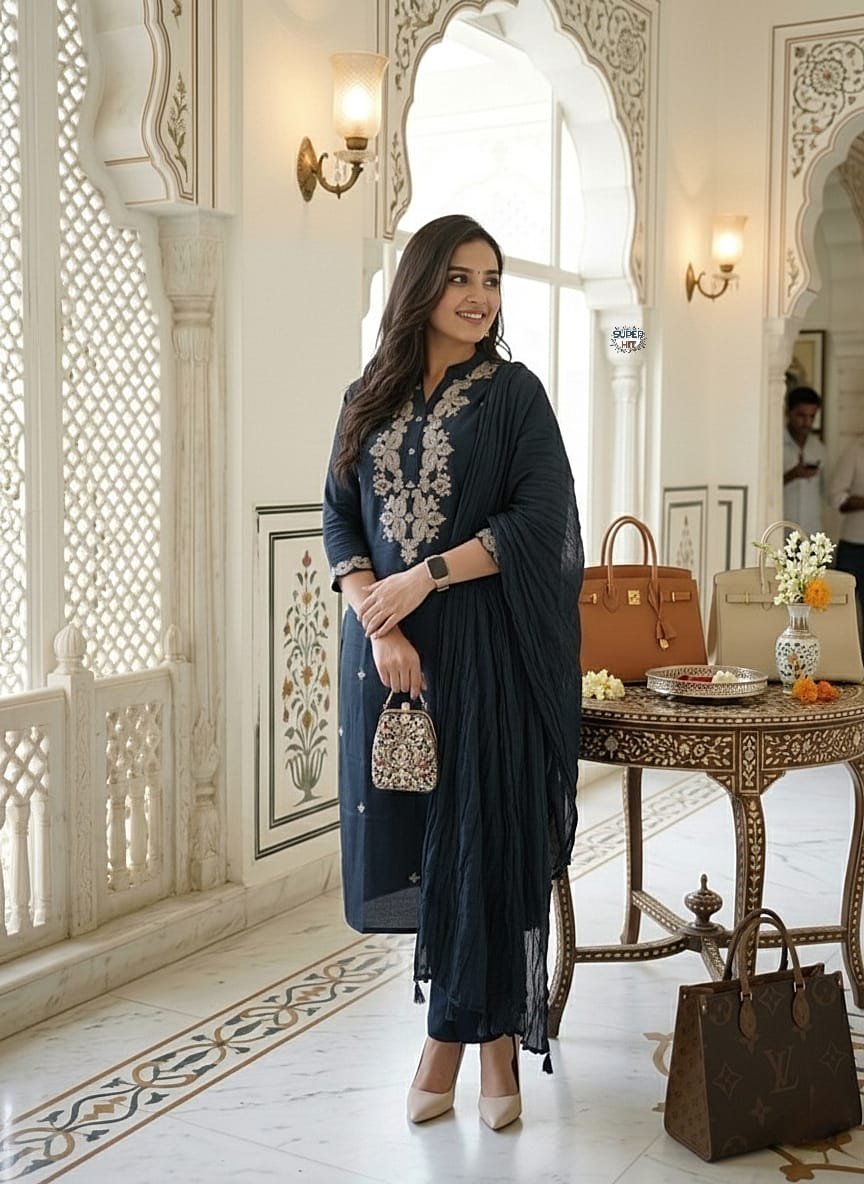Black Rayon Slub Kurti Suit Set With Embroidery Work