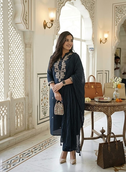 Black Rayon Slub Kurti Suit Set With Embroidery Work