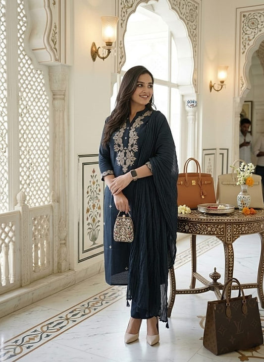 Black Rayon Slub Kurti Suit Set With Embroidery Work