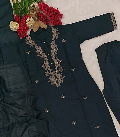Black Rayon Slub Kurti Suit Set With Embroidery Work