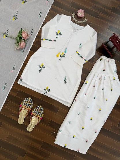 Classy White Chanderi Salwar Suit Set With Thread Work