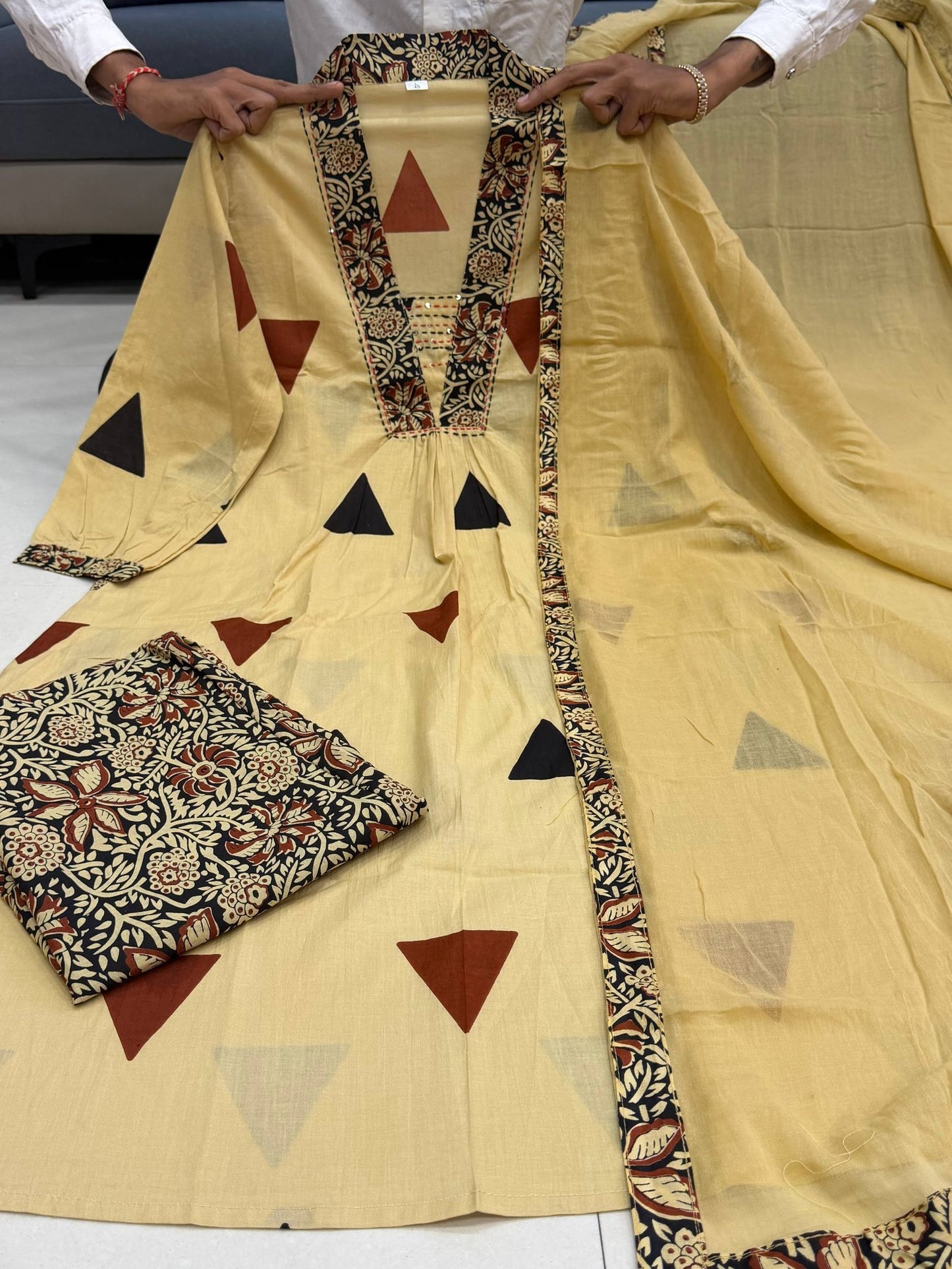 Beige Jaipuri Cotton Kurta Suit Set With Ajarakh Print