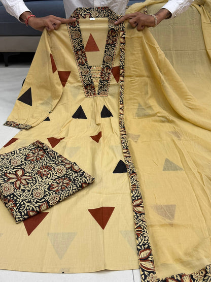Beige Jaipuri Cotton Kurta Suit Set With Ajarakh Print