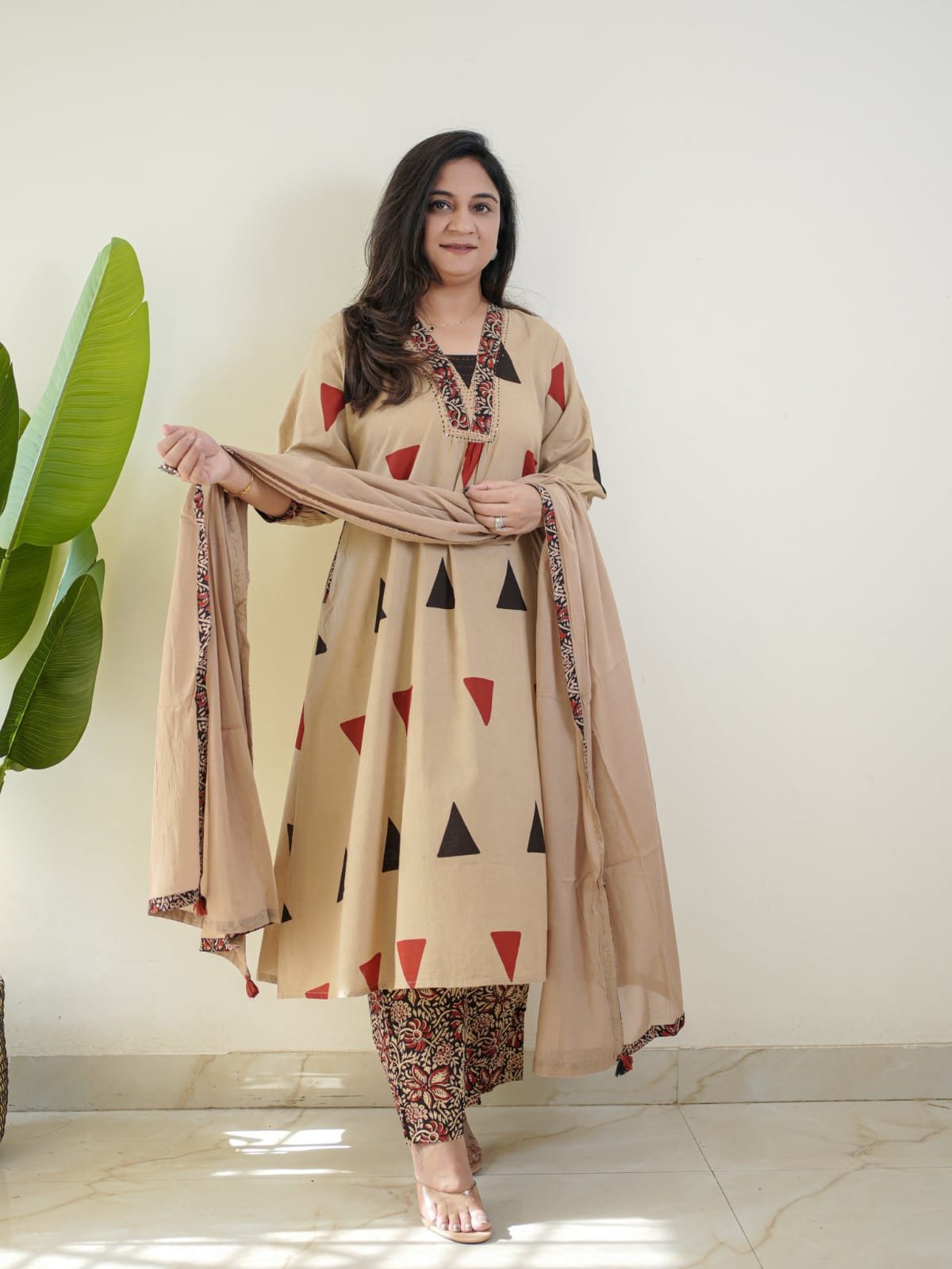 Beige Jaipuri Cotton Kurta Suit Set With Ajarakh Print