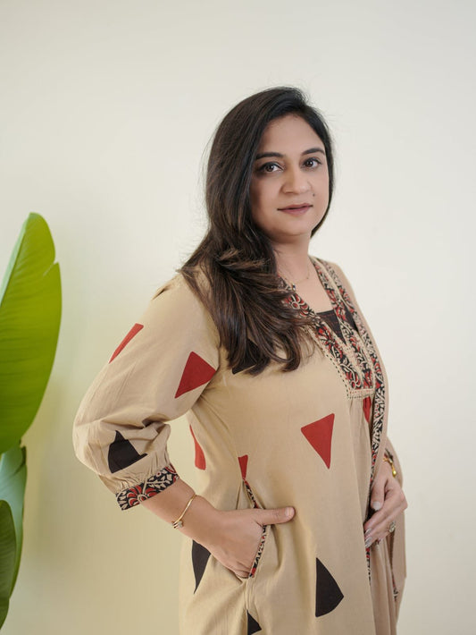 Beige Jaipuri Cotton Kurta Suit Set With Ajarakh Print