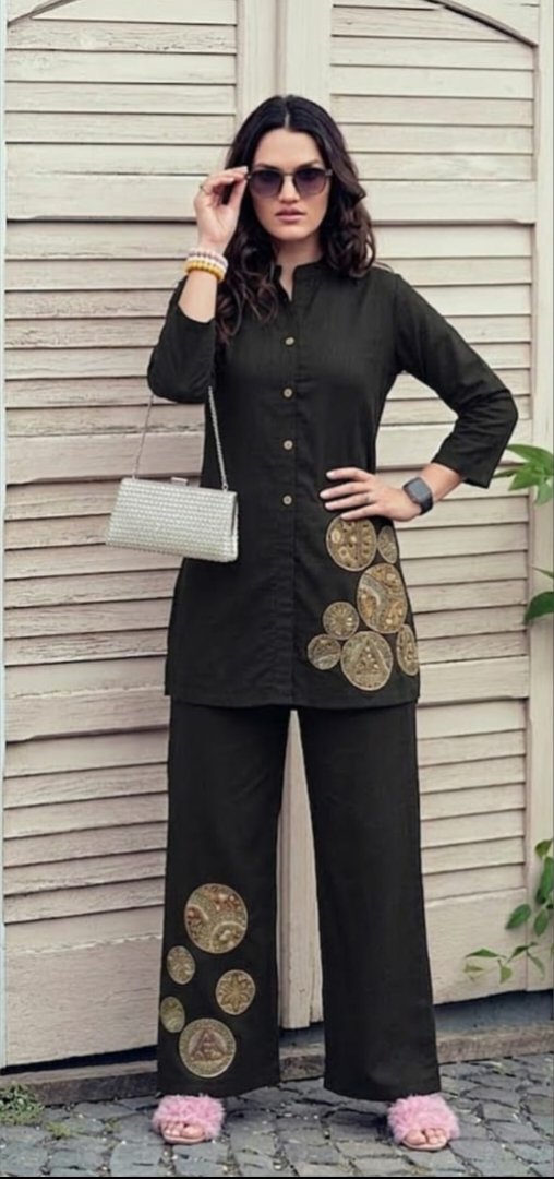 Trendy Rayon Slub Co-Ord Set With Beautiful Embroidery Work