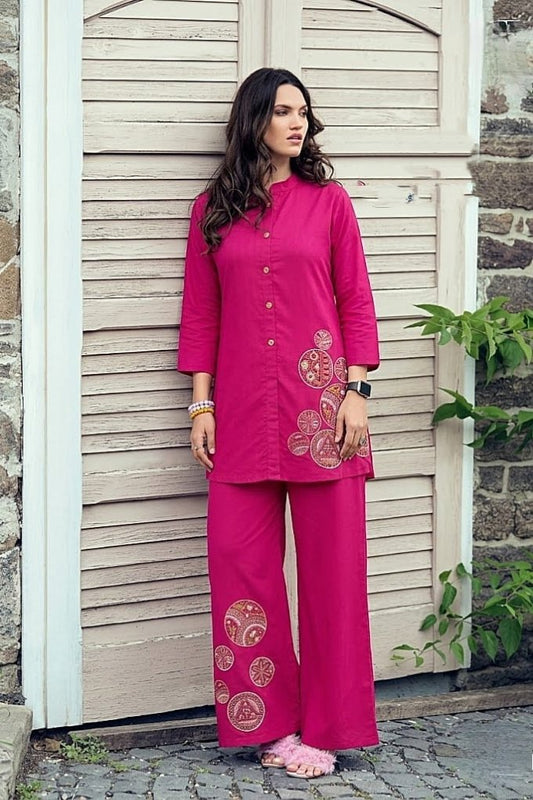 Trendy Rayon Slub Co-Ord Set With Beautiful Embroidery Work