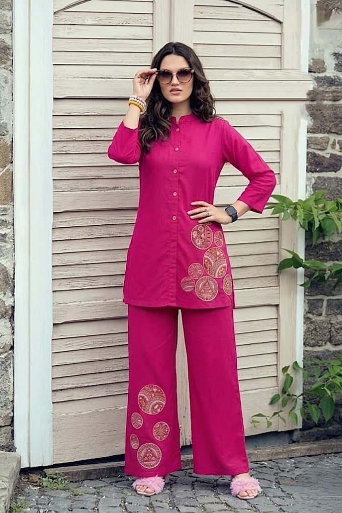 Trendy Rayon Slub Co-Ord Set With Beautiful Embroidery Work