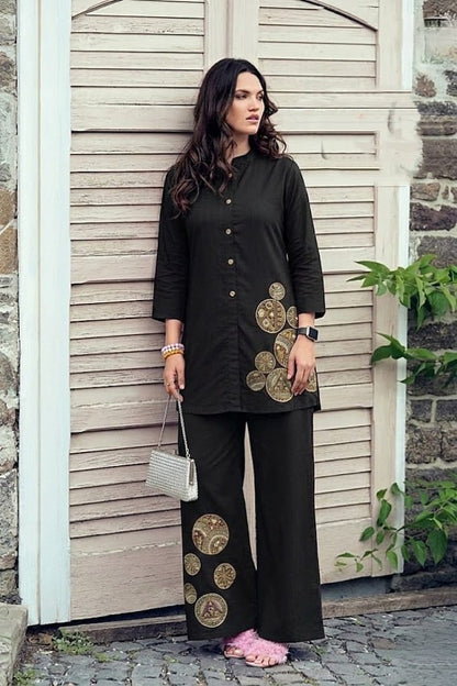 Trendy Rayon Slub Co-Ord Set With Beautiful Embroidery Work