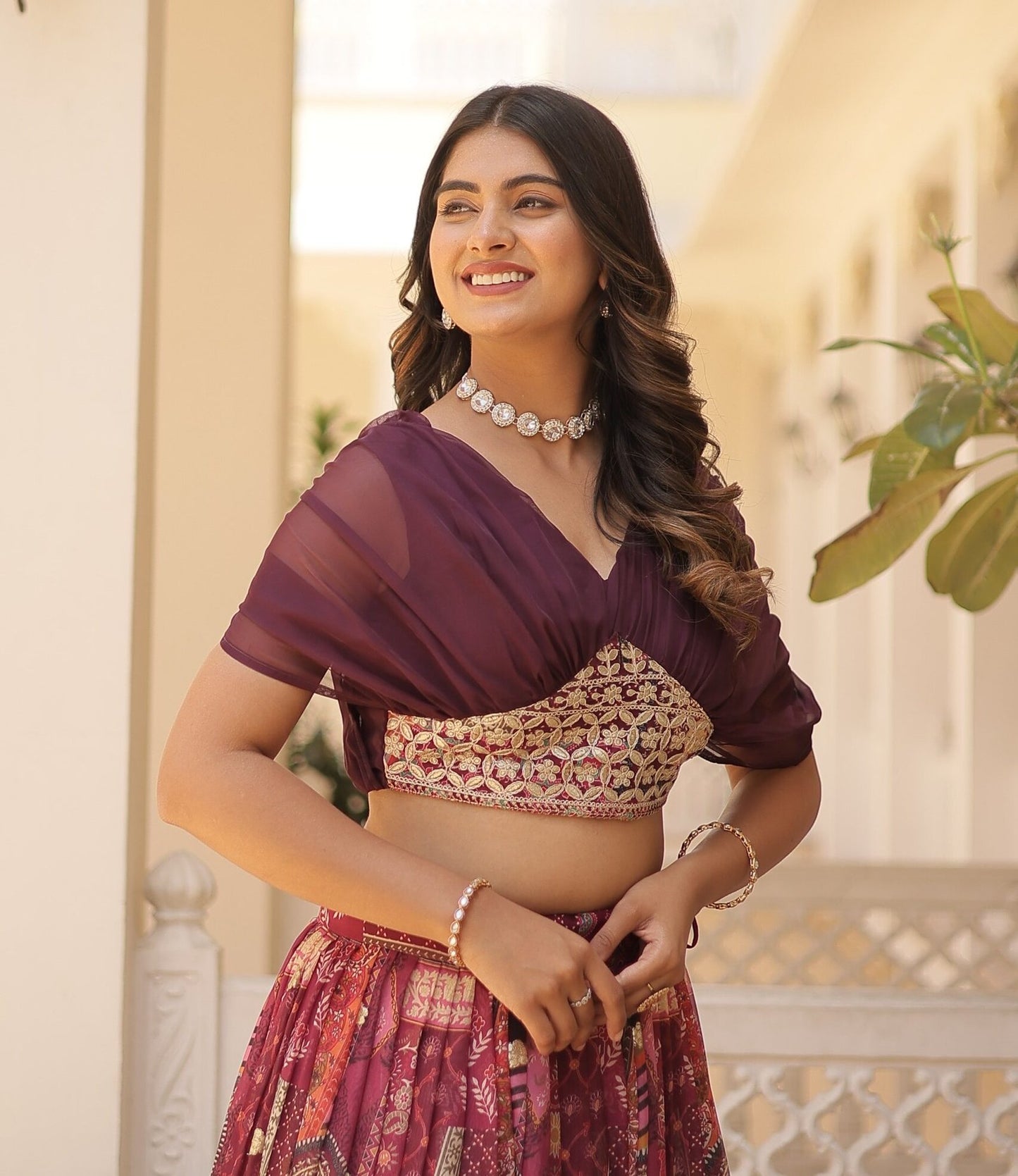 Wine Russian Silk Lehenga Choli With Foil Embroidery Work.