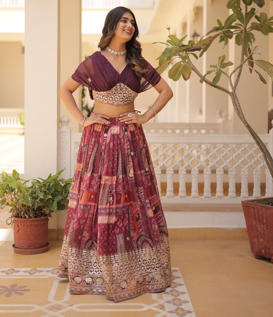 Wine Russian Silk Lehenga Choli With Foil Embroidery Work.