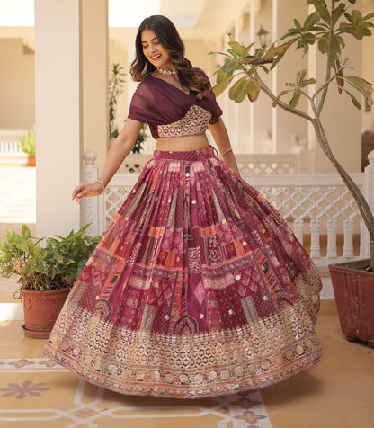 Wine Russian Silk Lehenga Choli With Foil Embroidery Work.
