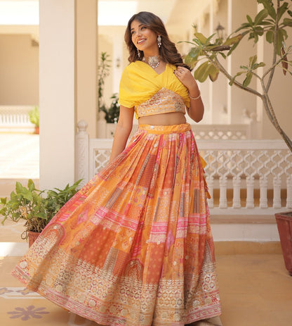 Orange Russian Silk Lehenga Choli With Foil Embroidery Work.