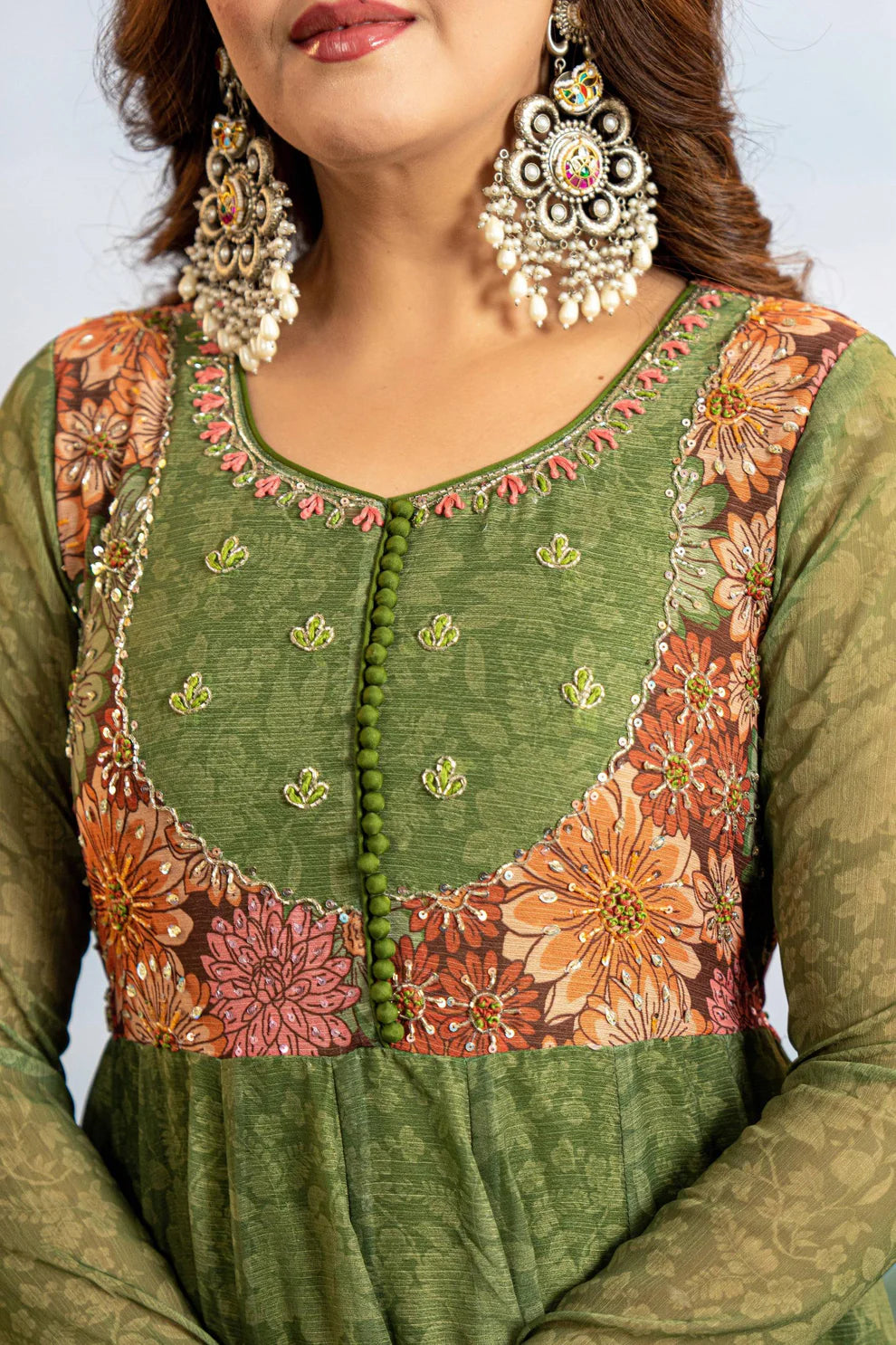 Olive Green Faux Georgette Anarkali Gown With Digital Print
