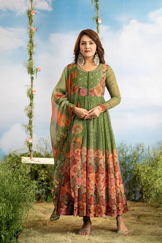 Olive Green Faux Georgette Anarkali Gown With Digital Print