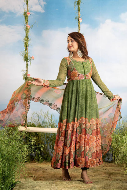 Olive Green Faux Georgette Anarkali Gown With Digital Print