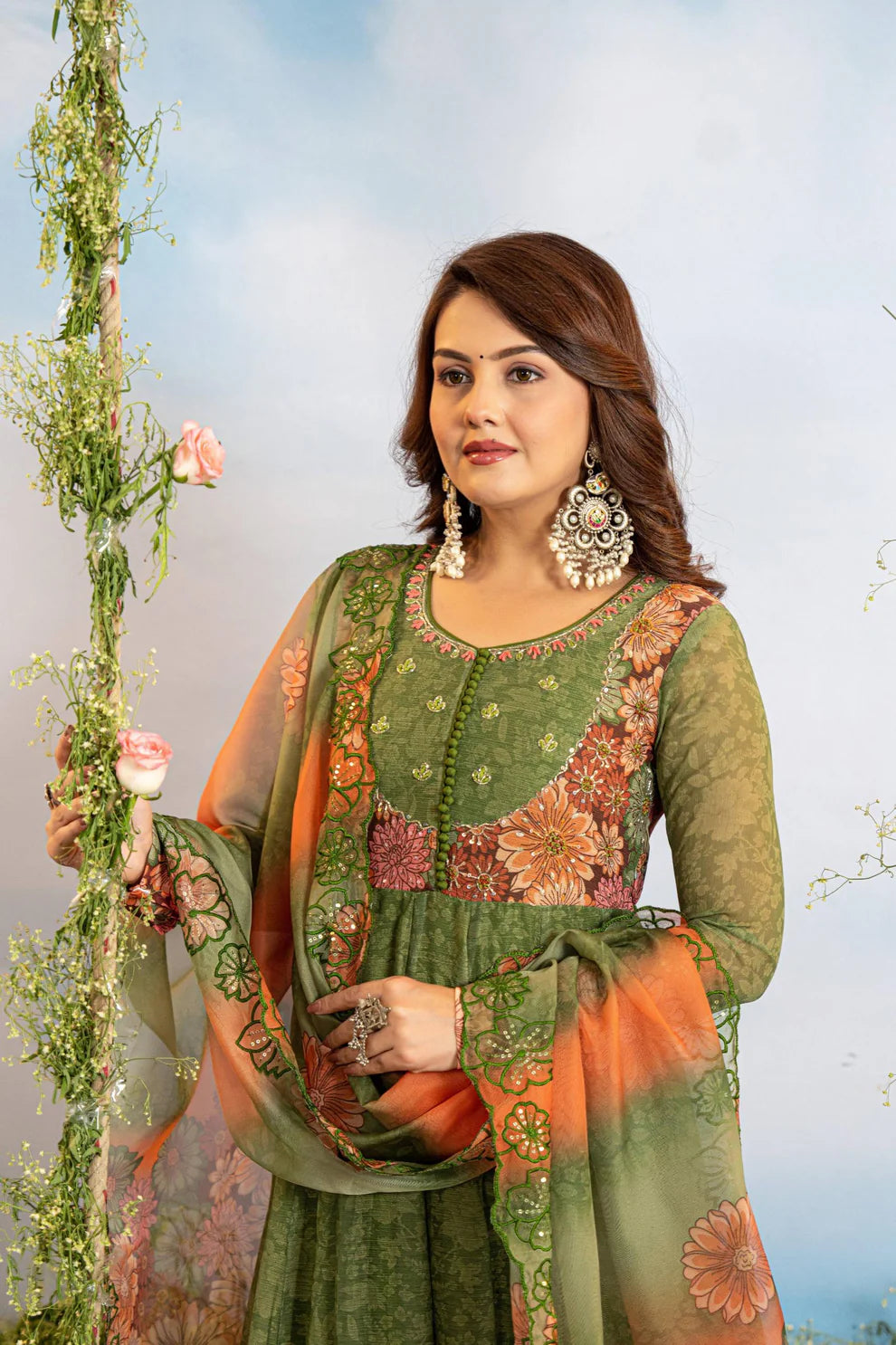 Olive Green Faux Georgette Anarkali Gown With Digital Print