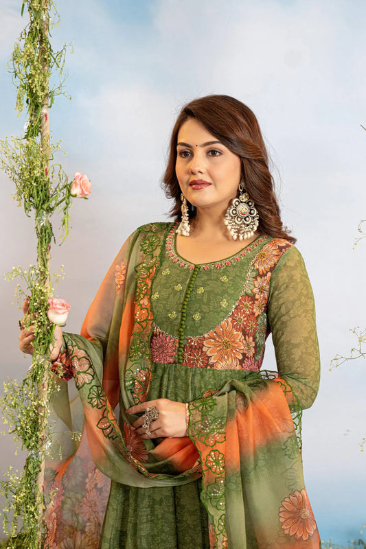 Olive Green Faux Georgette Anarkali Gown With Digital Print